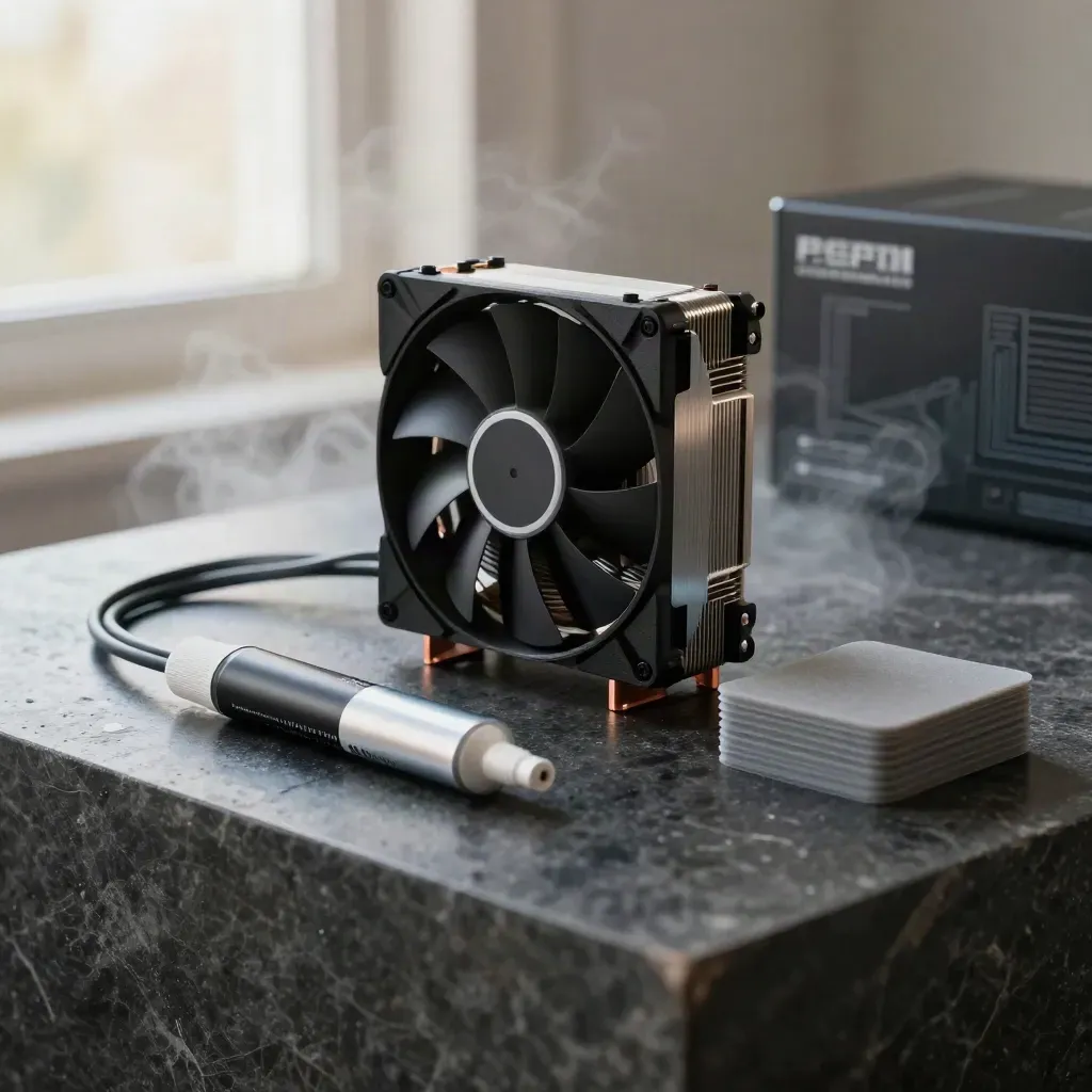 Kit de refrigeración para PC sobre piedra oscura con vaho frío y reflejos húmedos.