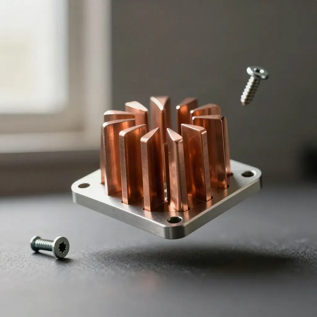 Disipador de CPU alu-cobre con 6 heatpipes, tornillos flotando y fondo grafito