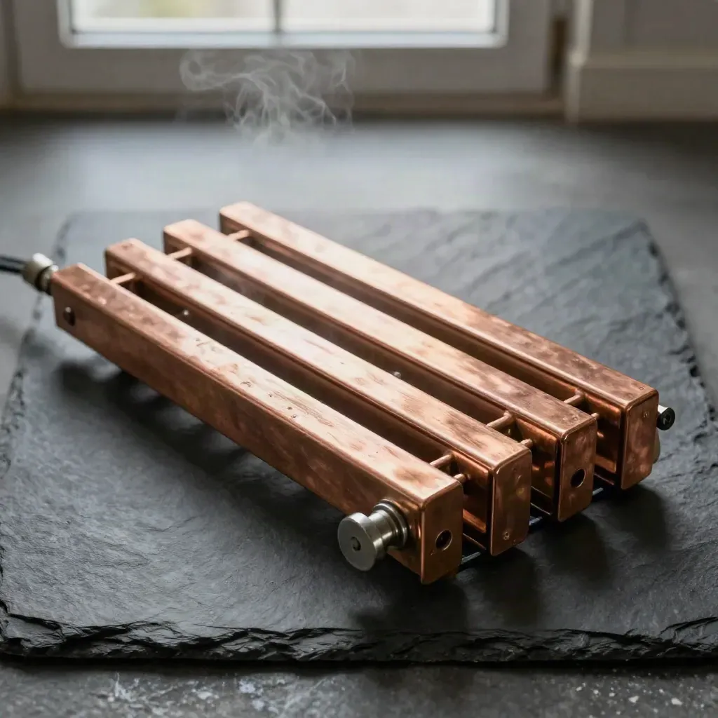 Radiador de cobre sobre piedra oscura con separadores y cable trenzado desenfocado.