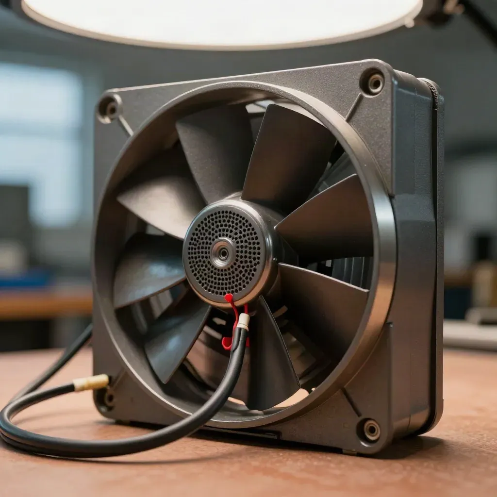 Macro de un ventilador industrial montado junto a una rejilla y cables ordenados.
