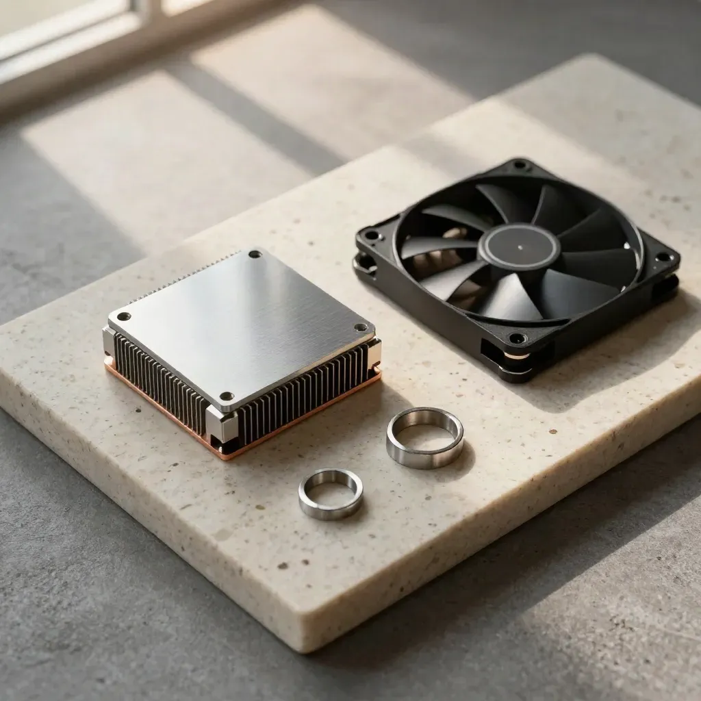 Disipador compacto con ventilador slim y separadores sobre una placa de travertino.
