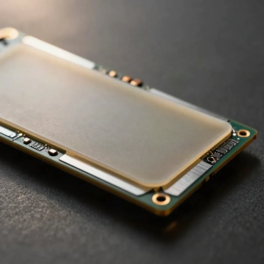 Lámina térmica translúcida para SSD sobre espuma antiestática, con dos fragmentos de prueba y brillo plateado.