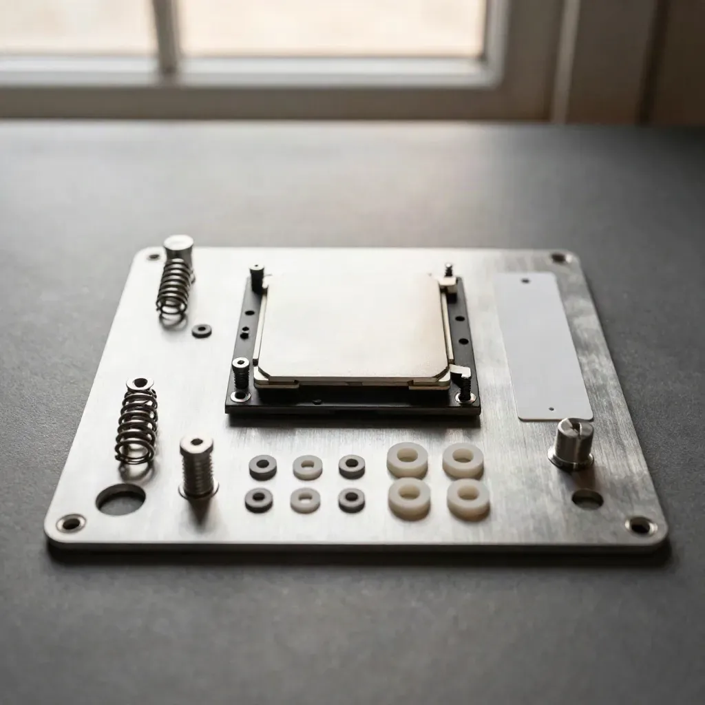 Kit de fijación Intel con tornillos, muelles y backplate sobre aluminio cepillado.
