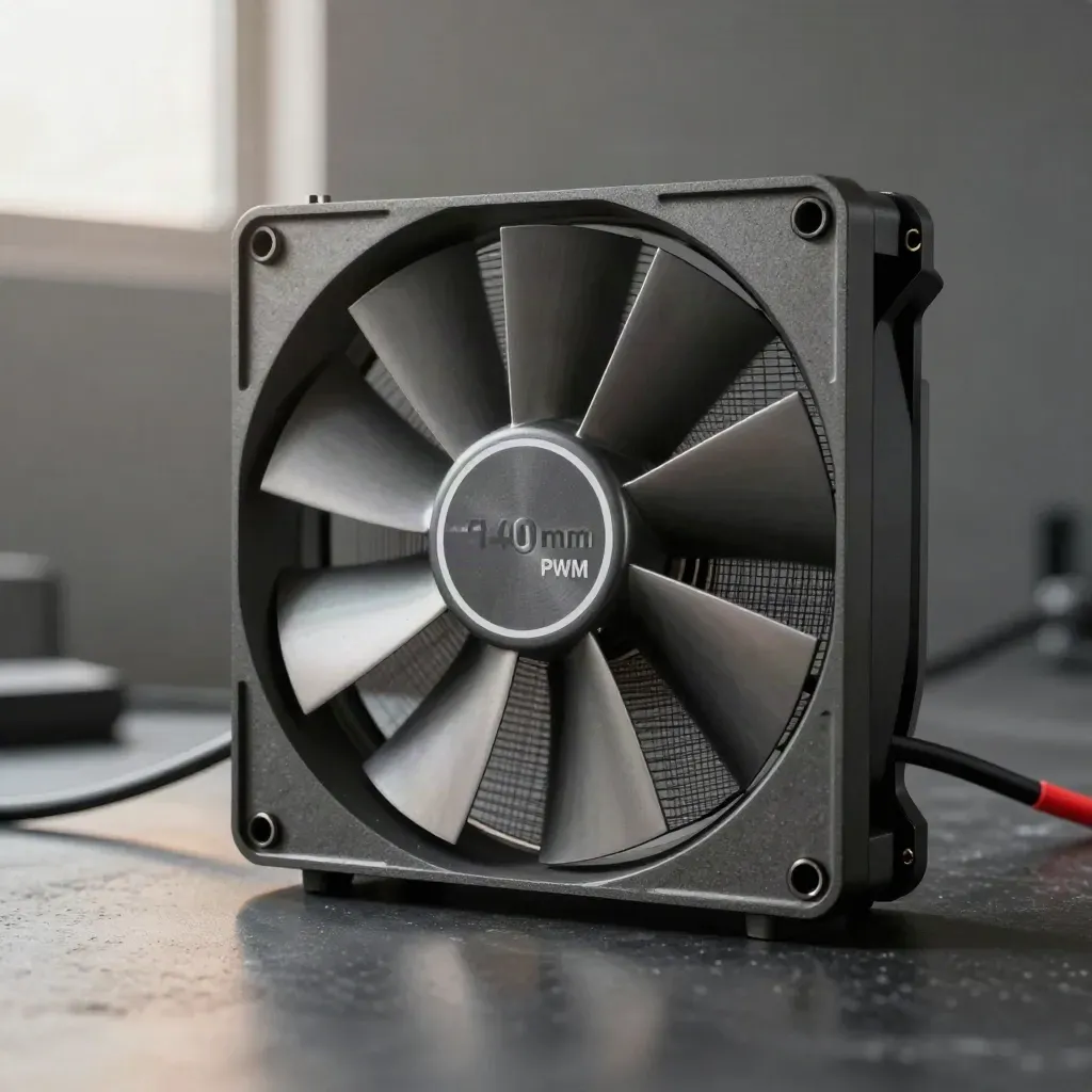 Ventilador PWM de 140 mm sobre fondo oscuro con malla fina, cables ordenados y brillo rojo sutil.