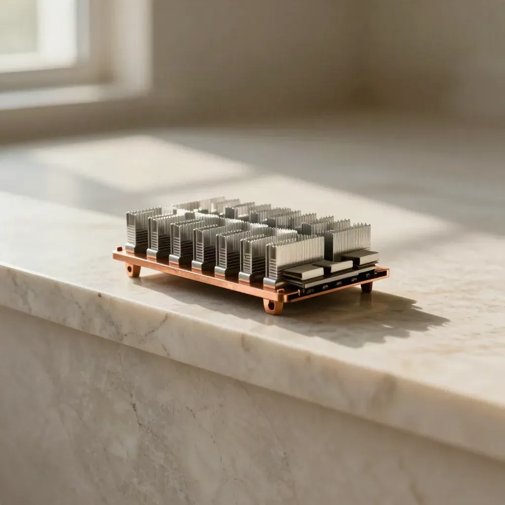 Disipadores CPU de aluminio y cobre sobre mármol claro, con fondo interior difuminado.