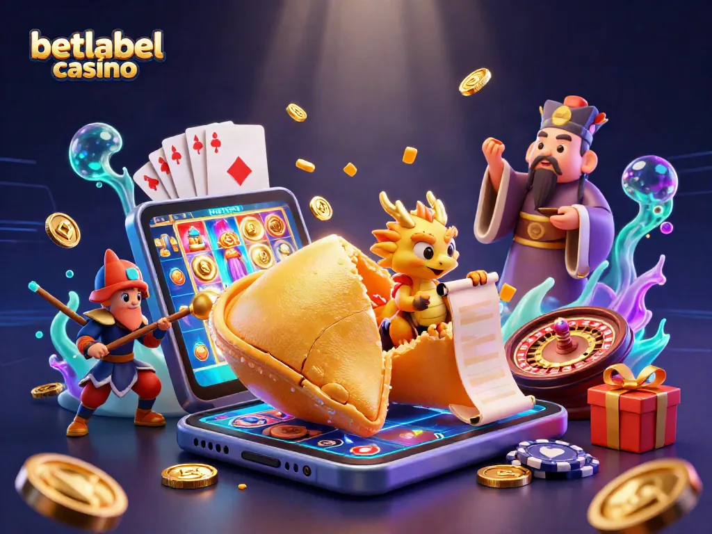 Engage with BetLabel Casino's vibrant gaming experience featuring colorful slot games and animated golden elements.