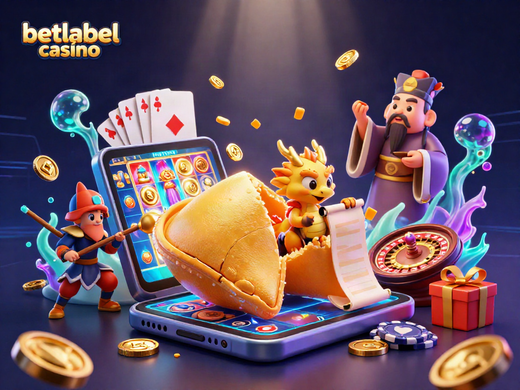Engage with BetLabel Casino's vibrant gaming experience featuring colorful slot games and animated golden elements.