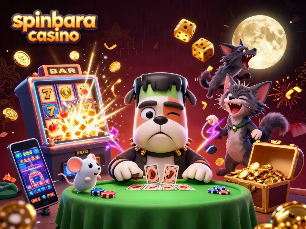 Engage with spinbara casino through a lively 3D illustration of a Frankenstein bulldog and friends at a gaming table.